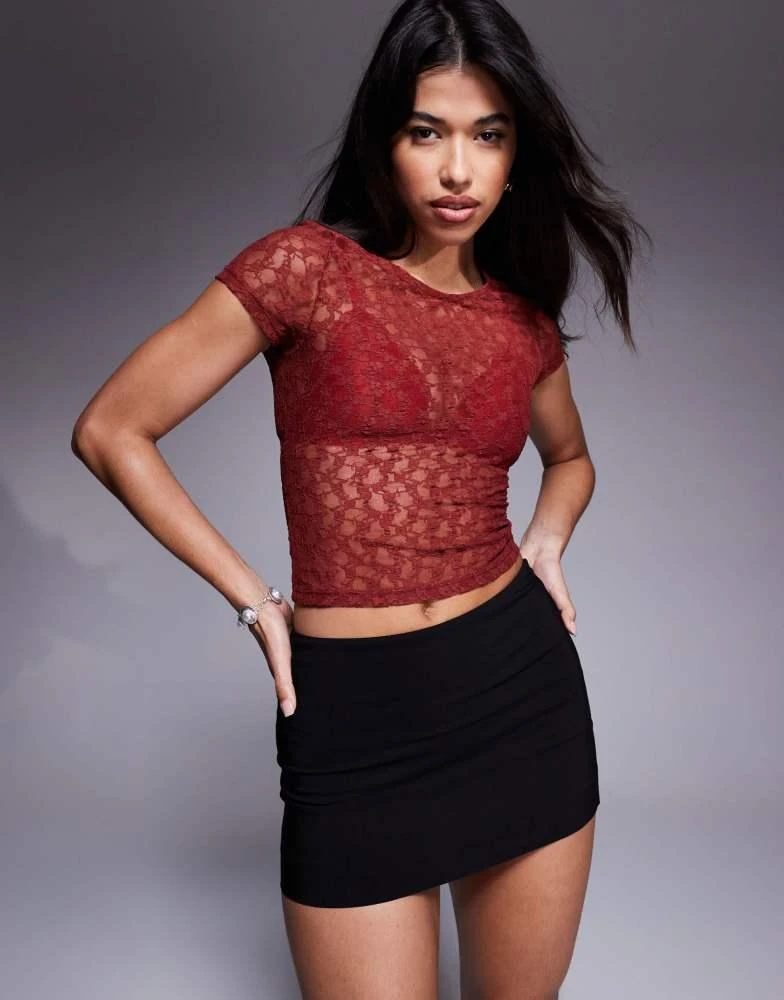 ASOS ASOS DESIGN lace short sleeve semi sheer baby tee in burgundy 1
