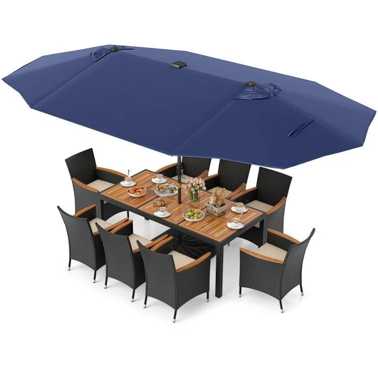 Hivvago 11 Pieces Patio Dining Set with LED Patio Umbrella with Base and Seat Cushions 11