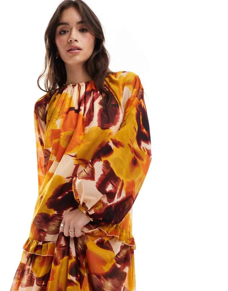 ASOS ASOS DESIGN high neck smock maxi dress with frill detail in blurred floral print 2