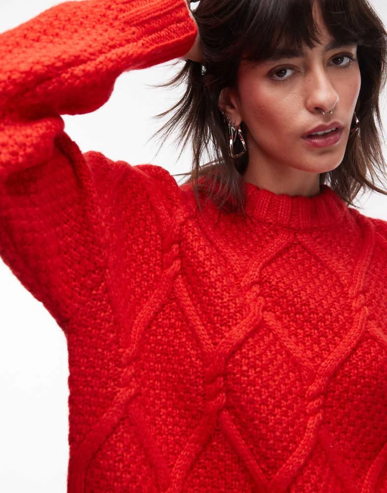 Topshop Topshop knitted chunky twist cable crew neck oversized jumper in red 2
