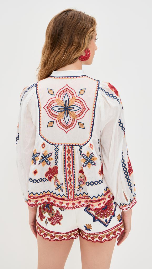 Farm Rio Marys Tiles Off White Embroidered Blouse