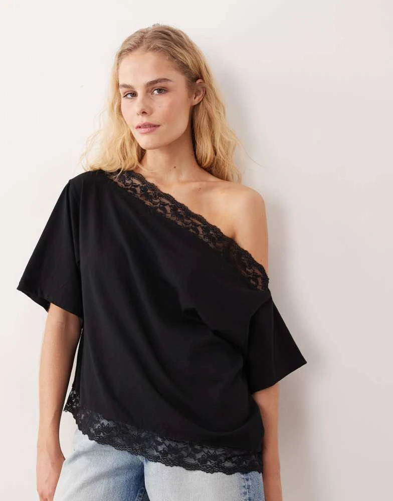 ASOS ASOS DESIGN fallen shoulder with lace trim top in black