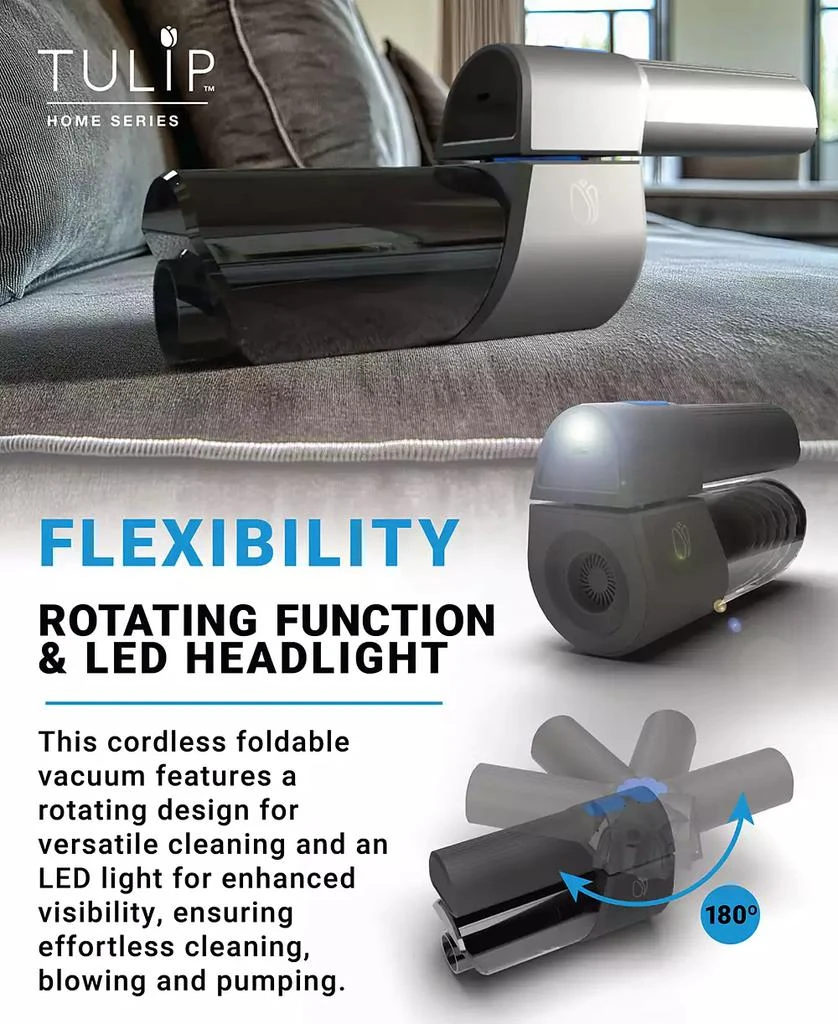 Tulip Innovations Snapdragon Cordless  Rechargeable Handheld Foldable Vacuum, 8 in 1 Hand Vac, Pet Grooming Attachments, Inflate/Deflate 7