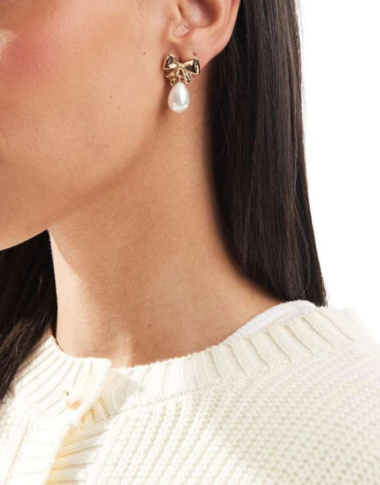 ASOS ASOS DESIGN earrings with mini bow and faux pearl drop design on gold tone 4