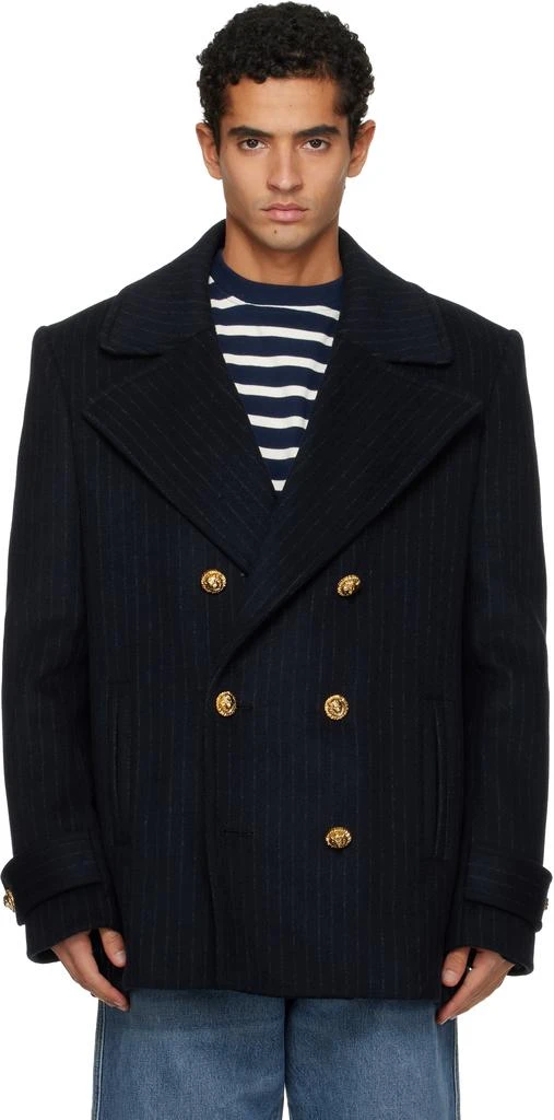 Balmain Navy Short Striped Wool Pea Coat 1