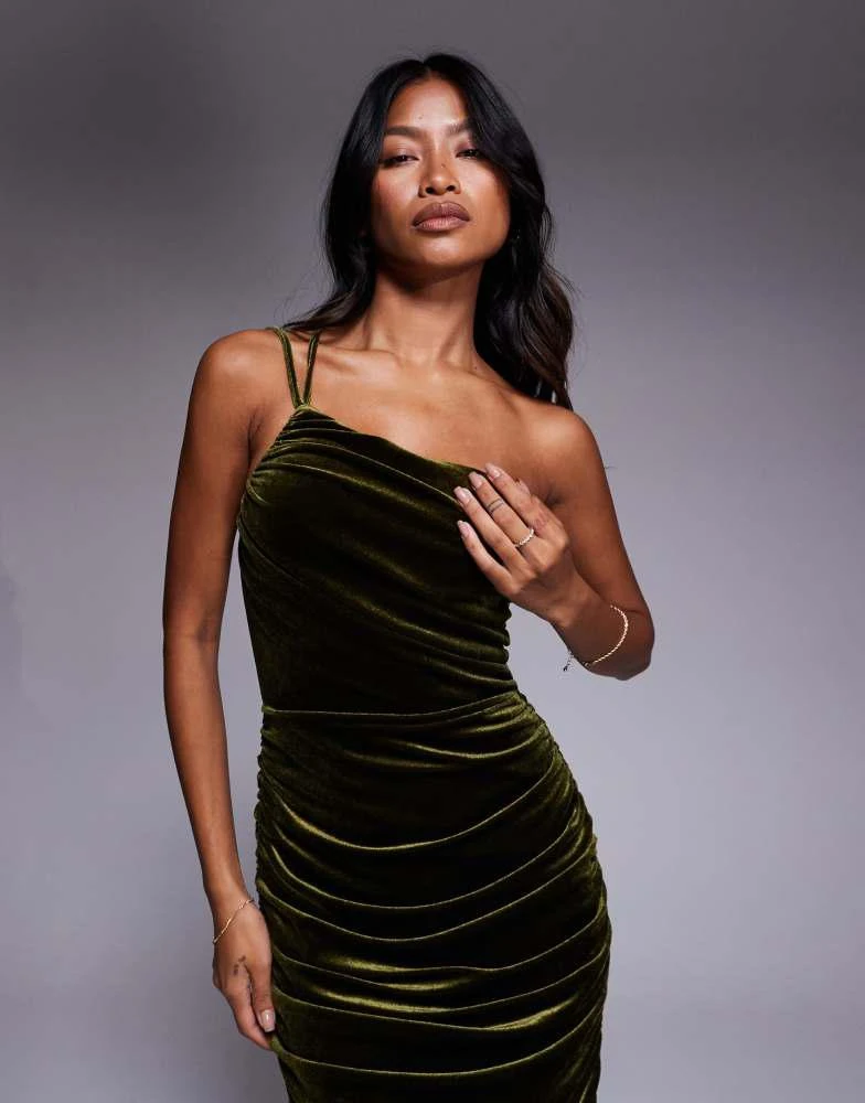 slim fit dress slacks Zapaka Women Dark Green Velvet Maxi Formal Dress Mermaid One Shoulder Evening Dress, Dark Green / US4 main image 0