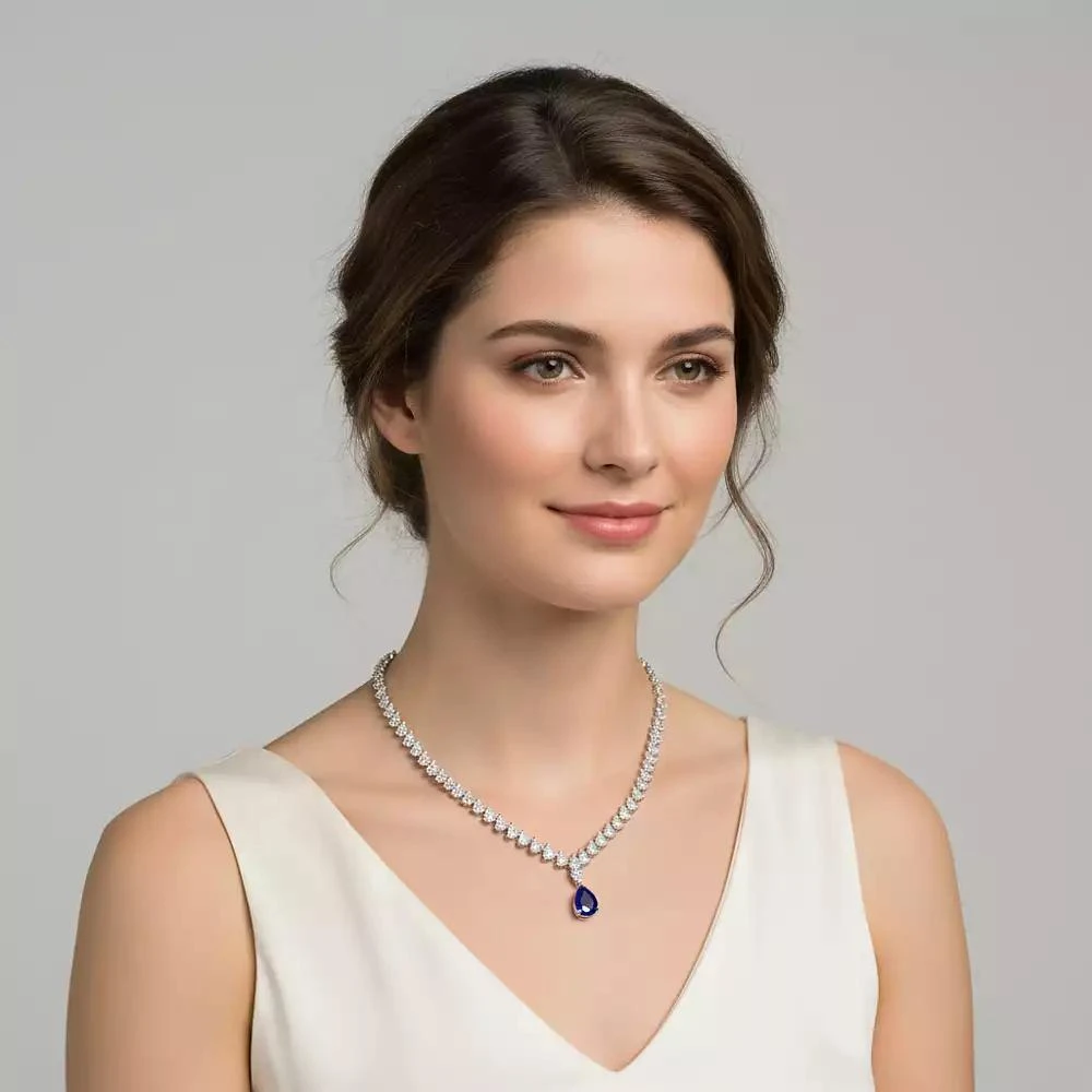 Rachel Glauber White Gold Plated with Blue and Clear Cubic Zirconia Statement Necklace 2