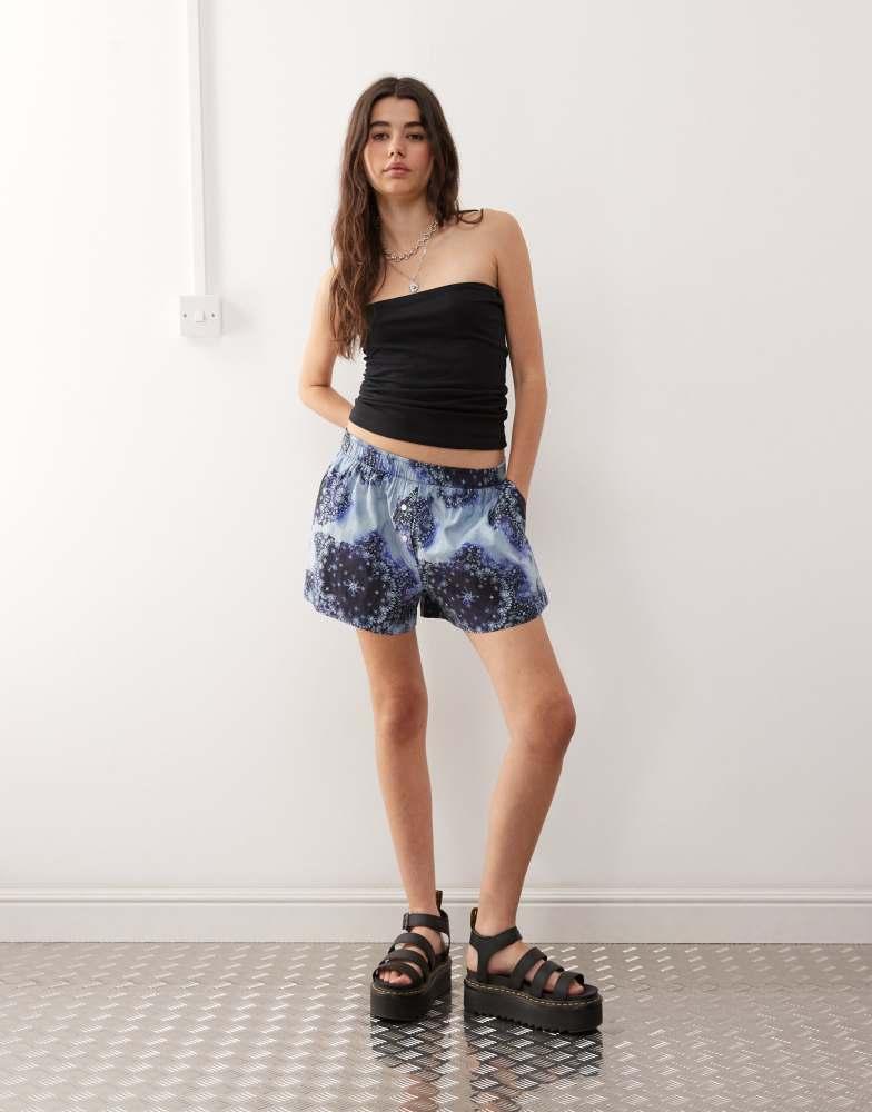 Monki Monki poplin shorts in blue scarf print