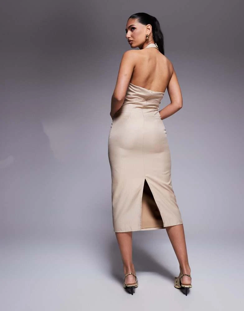 Kaiia Kaiia exclusive tailored drape bust detail halterneck open back midaxi dress in stone pinstripe 4