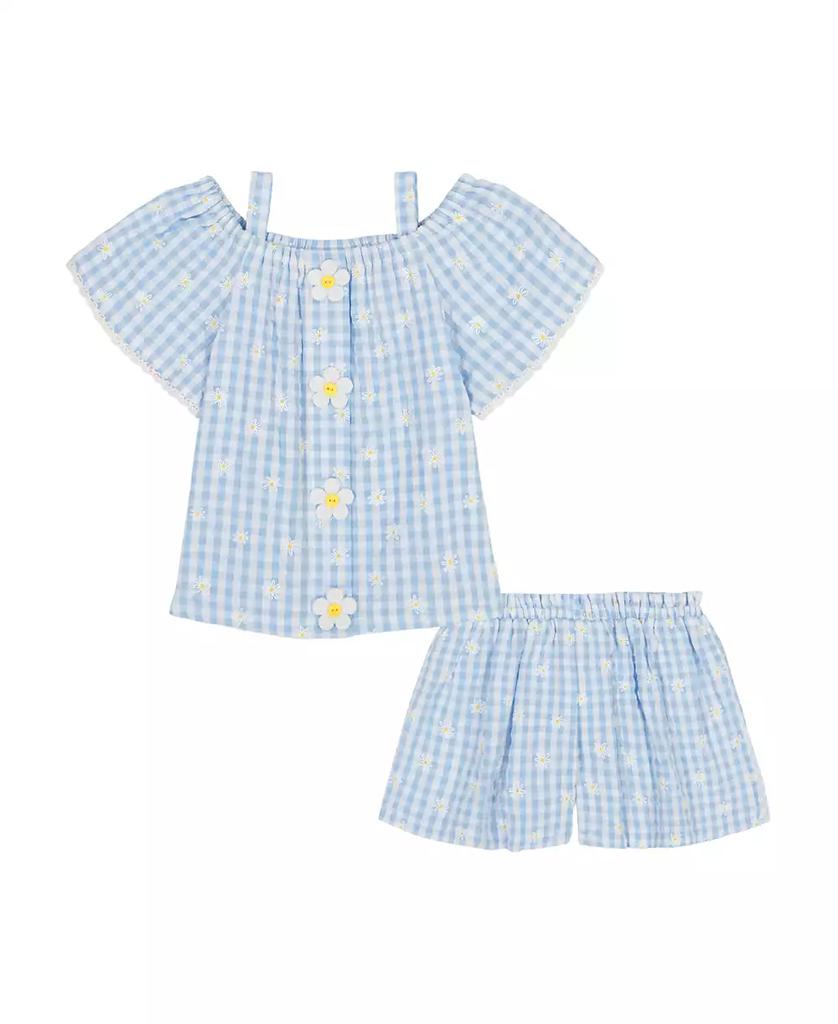 KIDS HEADQUARTERS Toddler and Little Girls 2-Piece Daisy Gingham Drop Top and Needle Knit Shorts Set