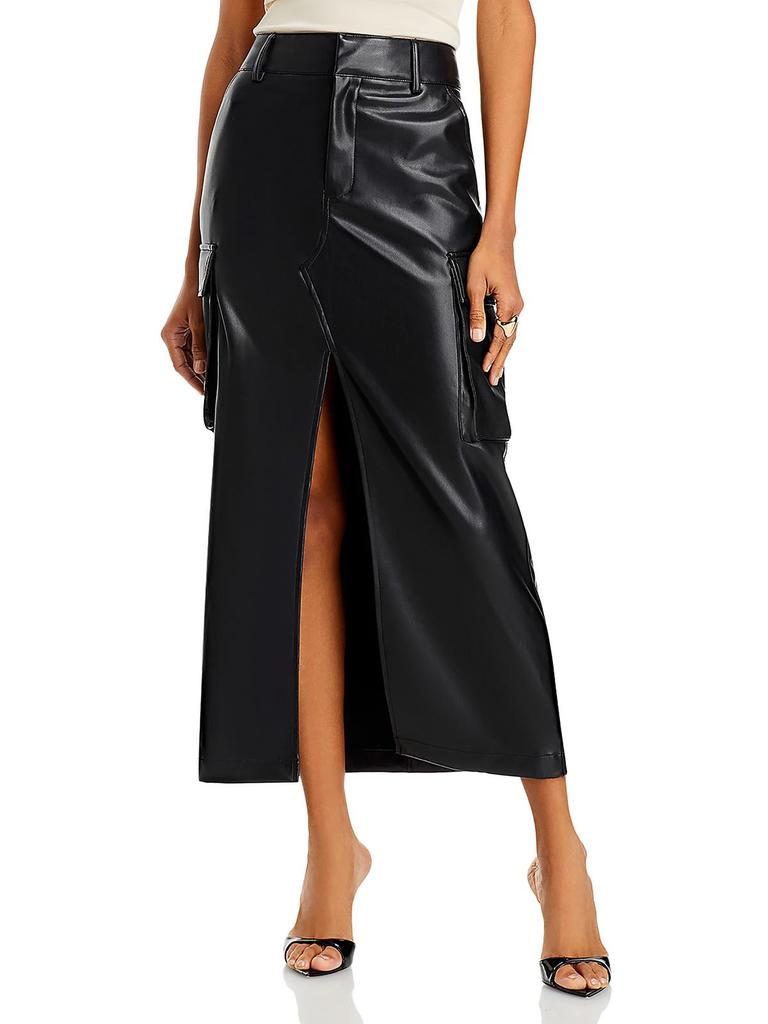 Avec Les Filles Womens Faux Leather Cargo Maxi Skirt