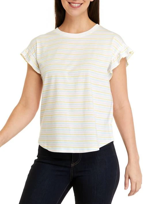 Crown & Ivy™ Ivy Womens Short Ruffle Sleeve Yarn Dyed T Shirt 1