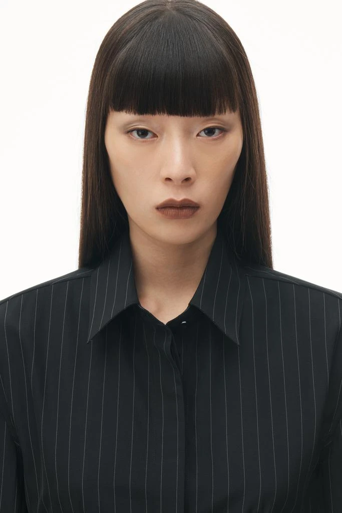 Alexander Wang Long Sleeve Belted Shirt in Pinstripe Wool 4