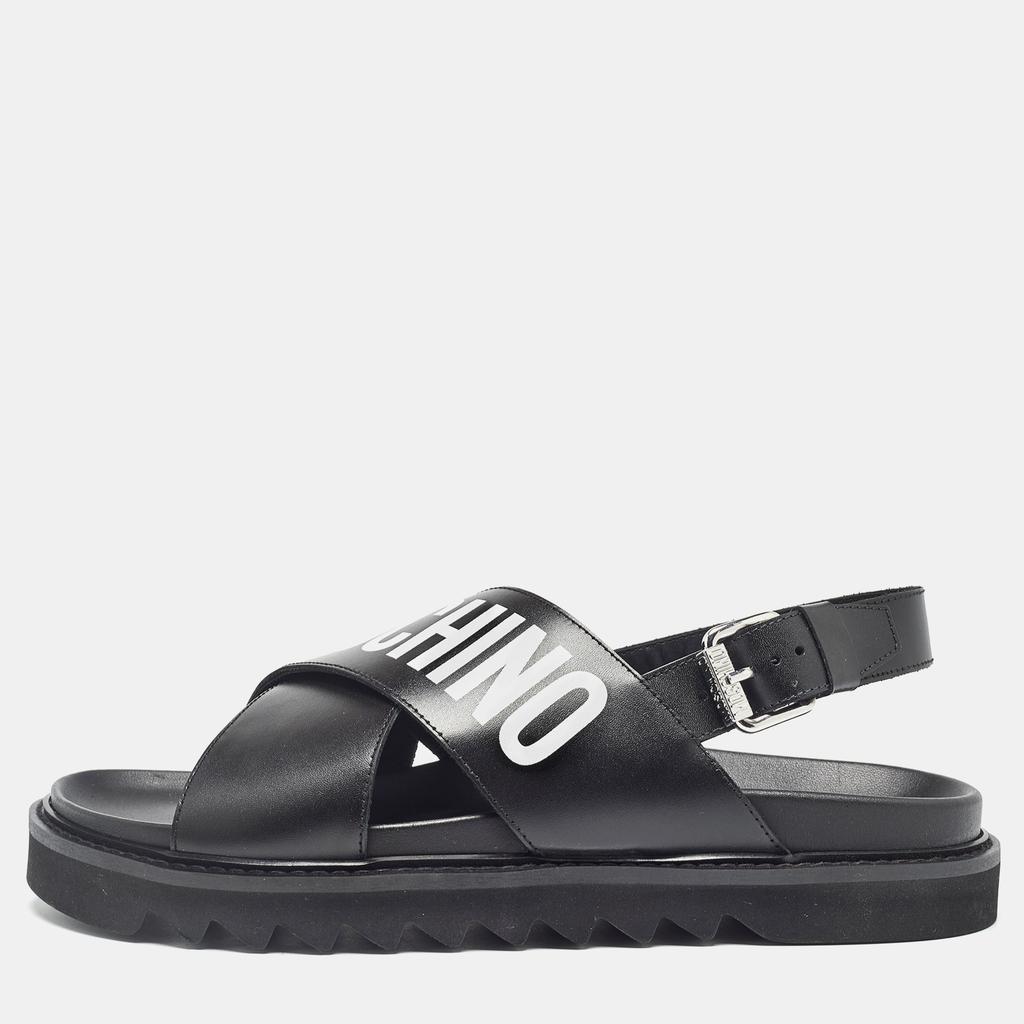 Moschino Moschino Black Leather Logo Crisscross Flat Sandals Size 45