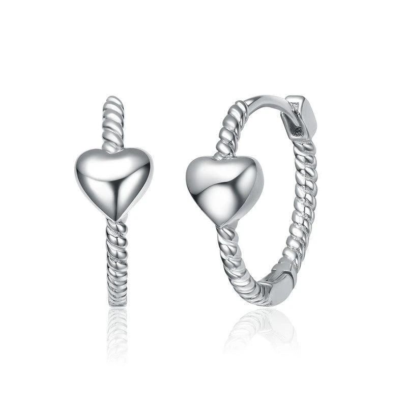 Genevive Sterling Silver White Gold Plated Heart Design Hoop Earrings