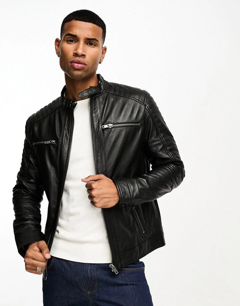 Barneys Originals Barneys Originals real leather racing jacket with zip pockets in black 3