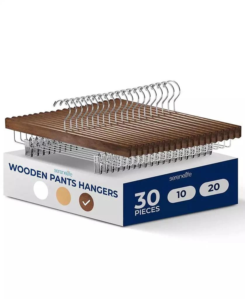 SereneLife 30 Pcs. Premium Wooden Pants Hangers - Heavy Duty Hanger Set with Chrome 360° Swivel Hook (Retro)