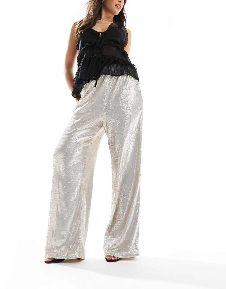 ASOS ASOS DESIGN sequin wide leg tailored trouser in cream 5