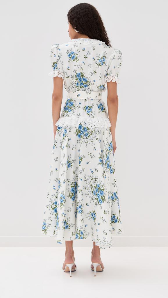 Rodarte White and Blue Daisy Silk Short Sleeve Silk Dress with Eyelet Ruffle Detail and Belt