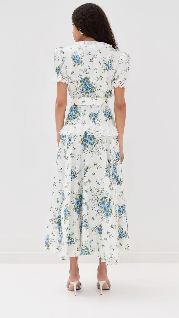 Rodarte White and Blue Daisy Silk Short Sleeve Silk Dress with Eyelet Ruffle Detail and Belt 2