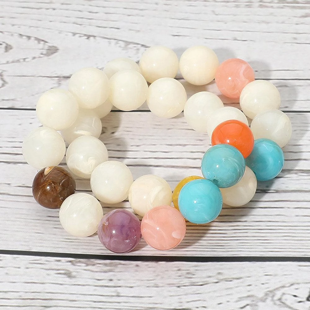 FASHNZFAB 2PCS - Chunky Marbled Resin Ball Beaded Stretch Multi Layered Bracelets