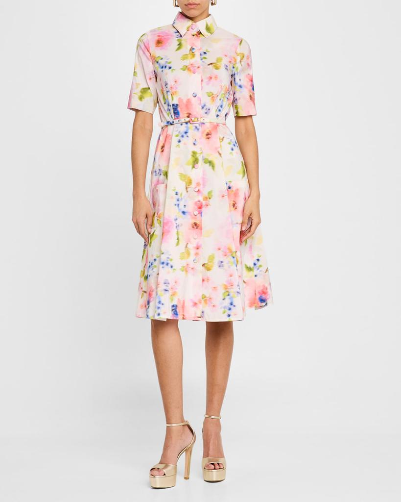 Pamella Roland Multi Floral Taffeta Short-Sleeve Shirtdress With Belt