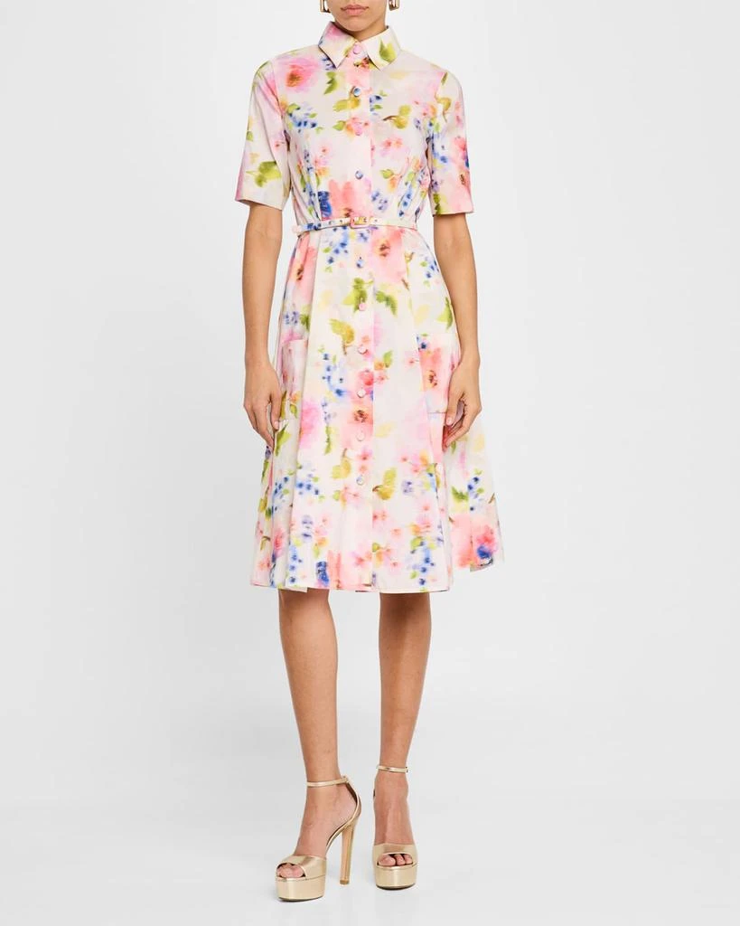Pamella Roland Multi Floral Taffeta Short-Sleeve Shirtdress With Belt 2