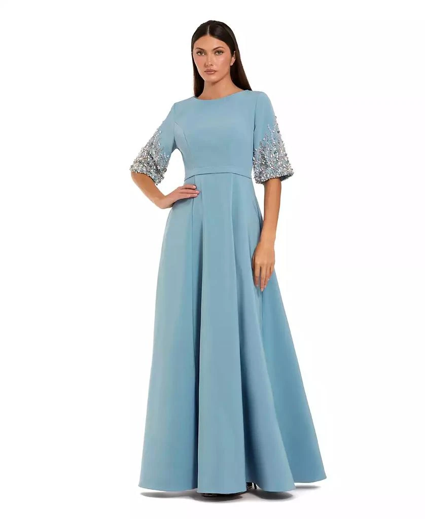 Mac Duggal Women's 3/4 Sleeve Crepe Gown With Sleeve Embellishments - Blue - Size 18 - French Blue