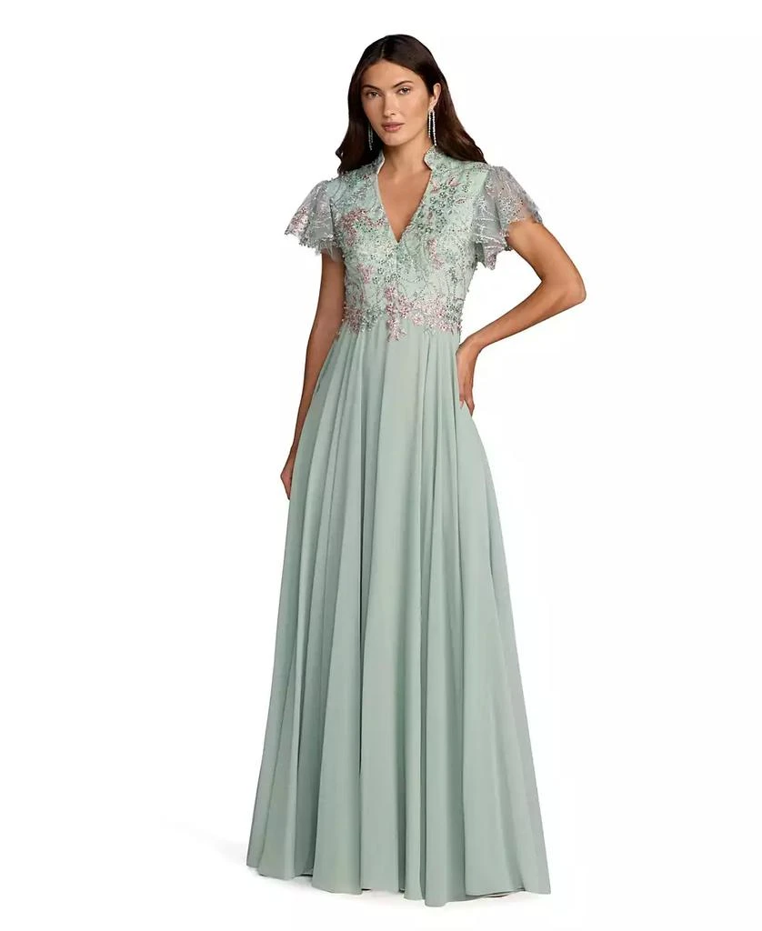 Mac Duggal Women's Embroidered Top Chiffon Skirt Ruffle Sleeve Gown