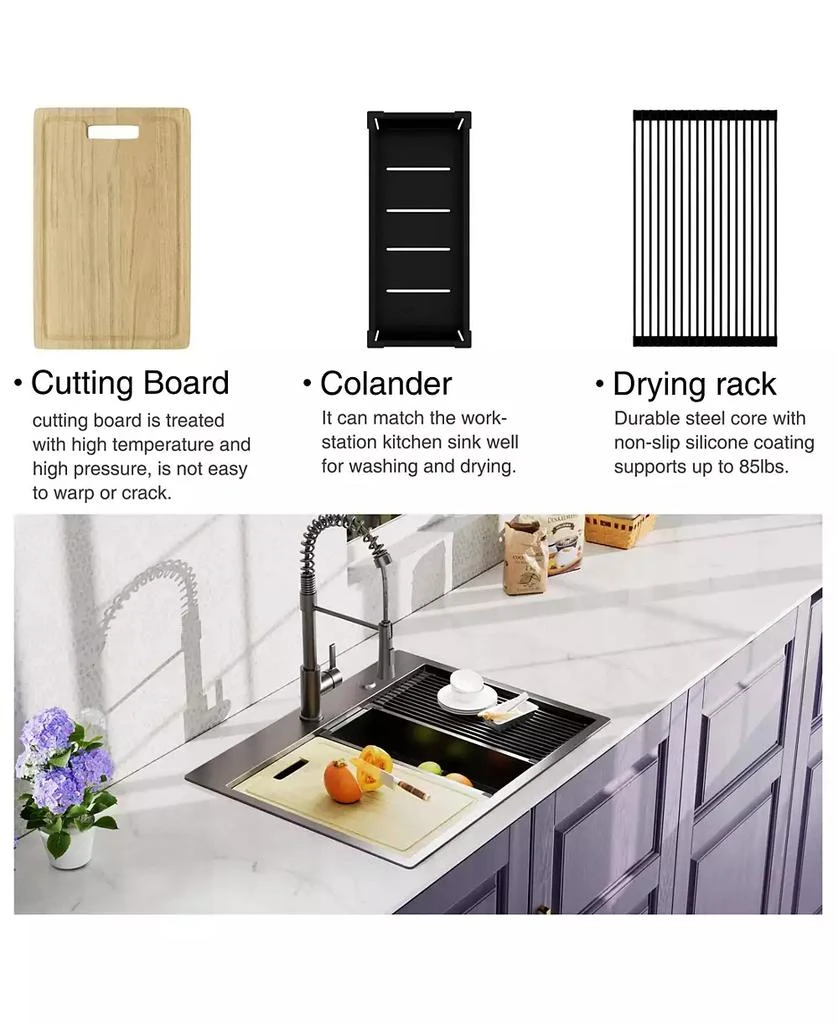 Flynama 27x22x10inch Gunmetal Kitchen Sink Topmount Stainless Steel Worksation Single Bowl 3