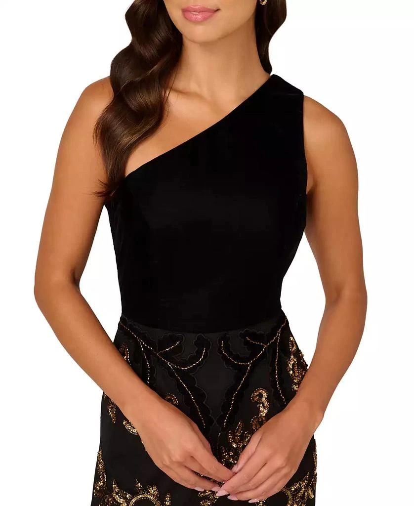 Adrianna Papell Women's One-Shoulder Beaded Velvet Ball Gown 4