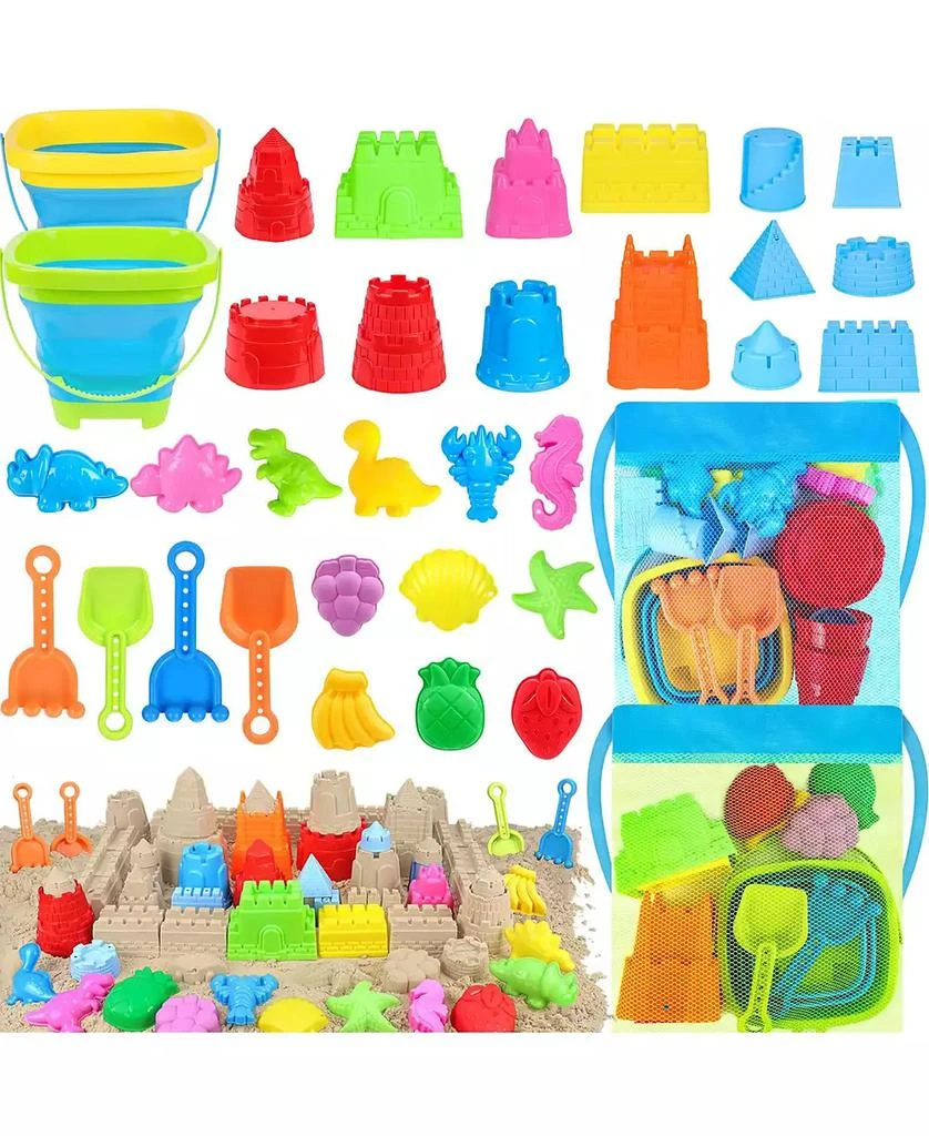GNUADZ 32-piece Collapsible Beach Toys Sand Castle Kit Bucket Shovel Mesh Bag Kids 3-12