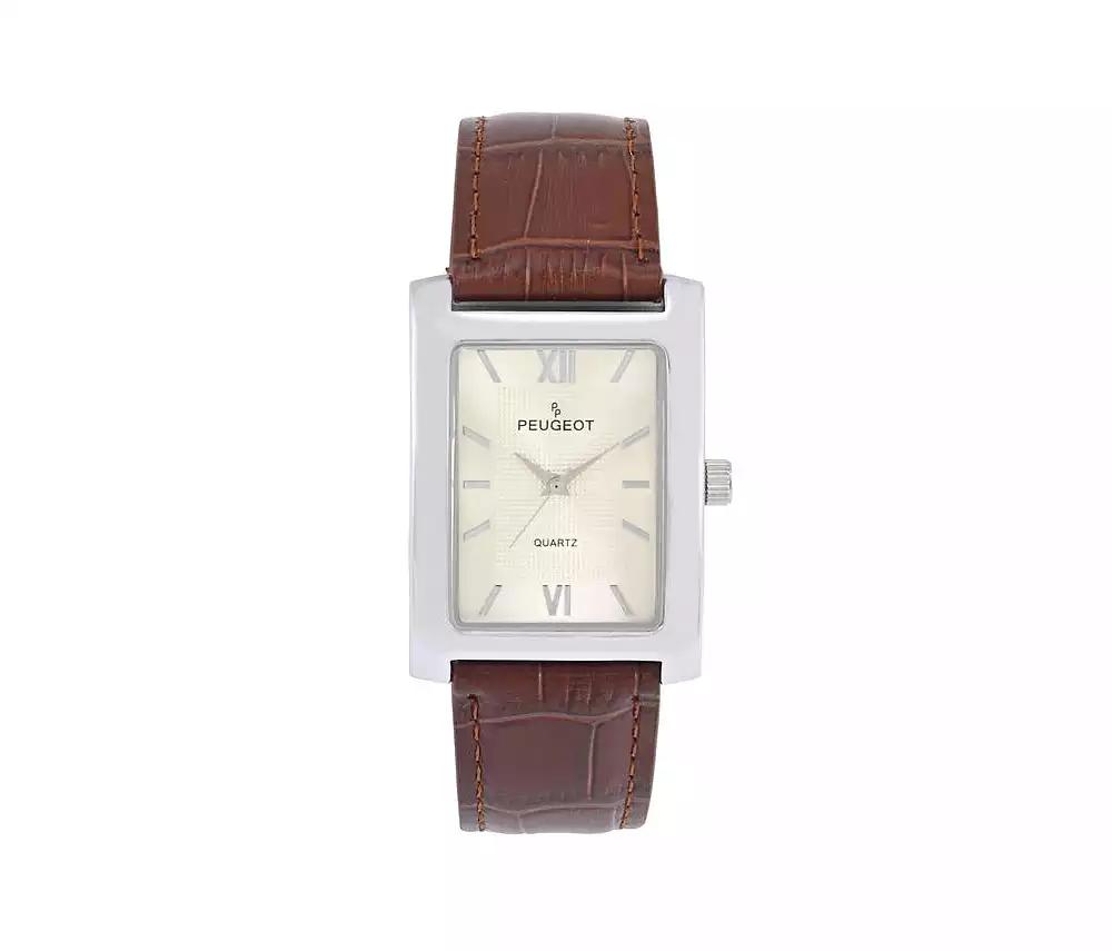 Peugeot Men's 30X40mm Silver Tank Shape Watch with Textured Dial Brown Leather Strap
