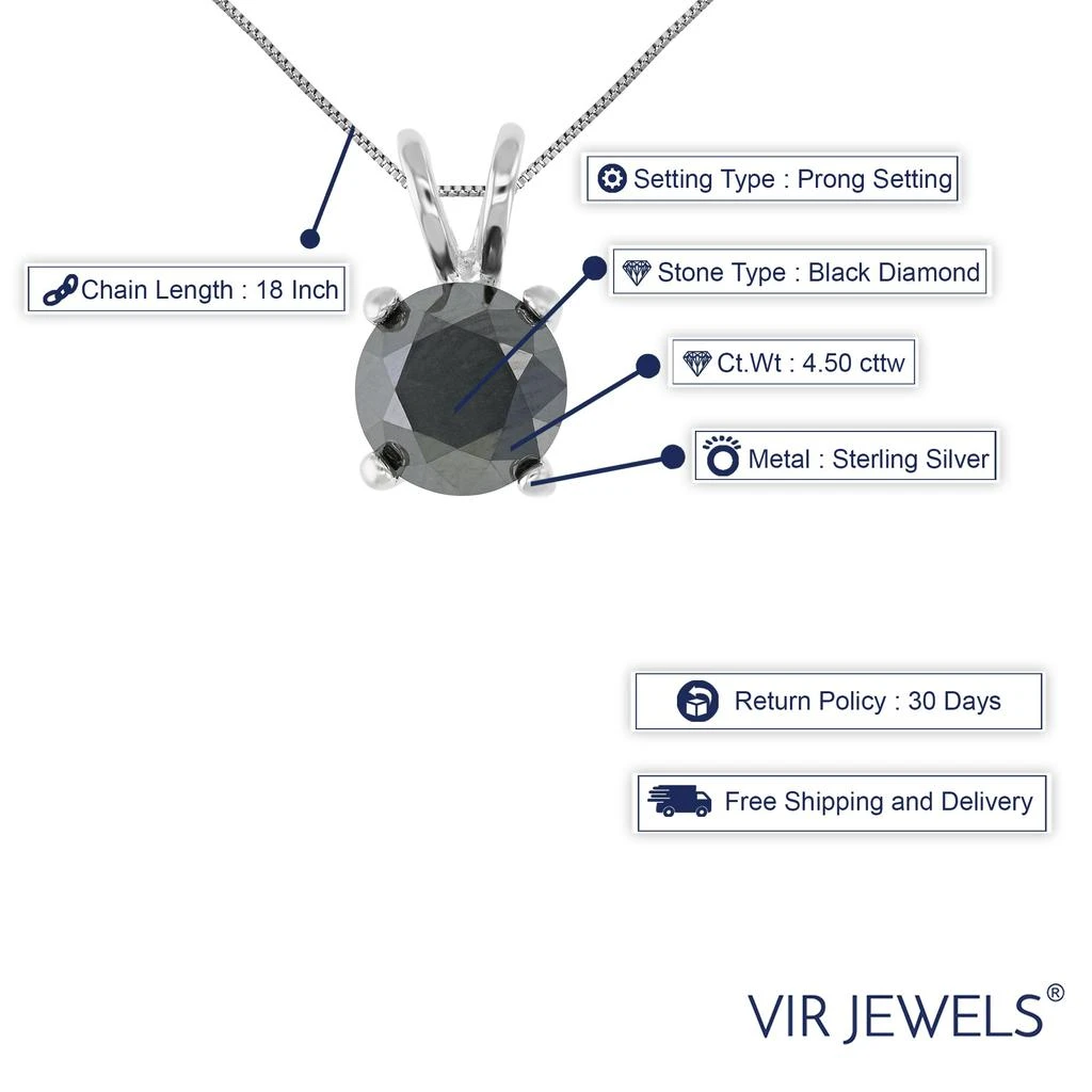 Vir Jewels 4.50 cttw Black Diamond Solitaire Pendant .925 Sterling Silver Round with Chain 3