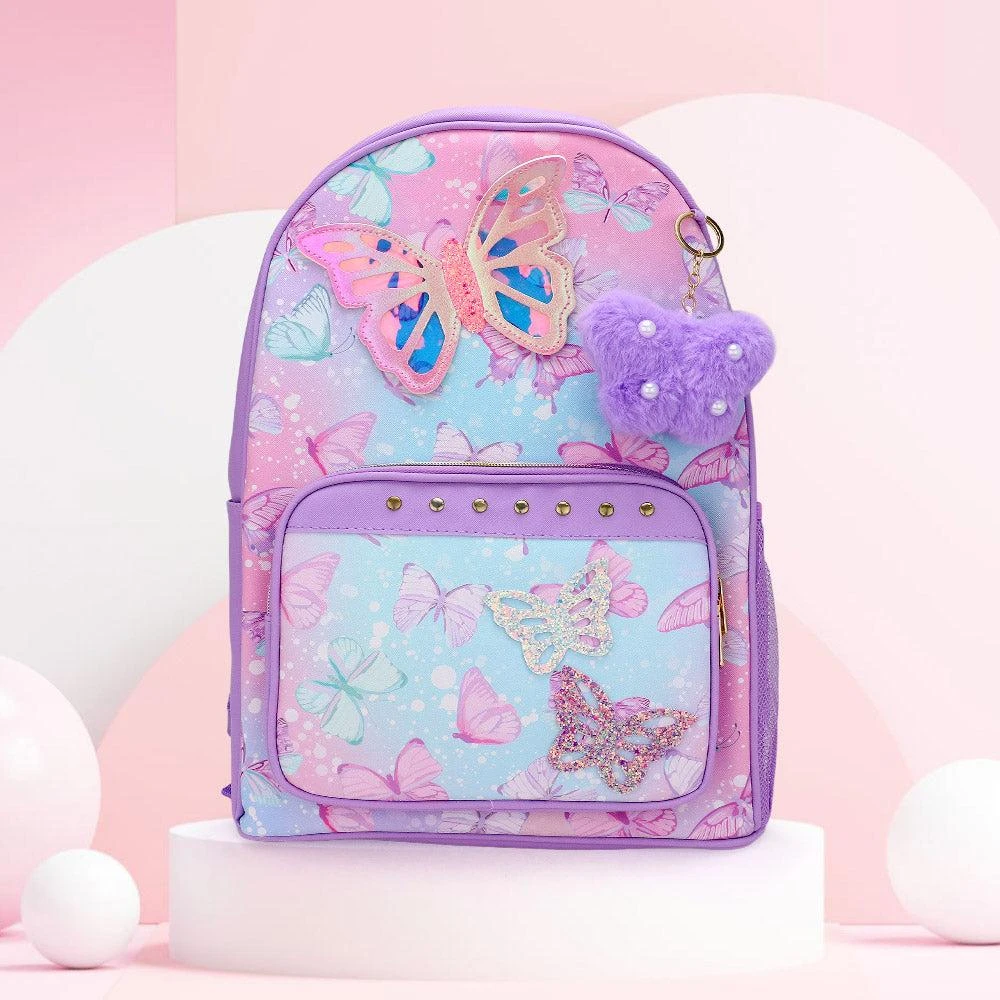FASHNZFAB HOT FOCUS - Butterfly Patch Decorative Deluxe Backpack with a Pom Pom Keychain