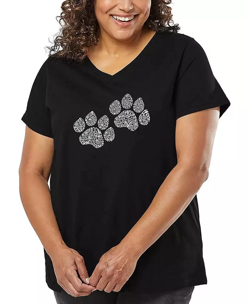 LA Pop Art Plus Size Woof Paw Prints Word Art V-Neck T-Shirt