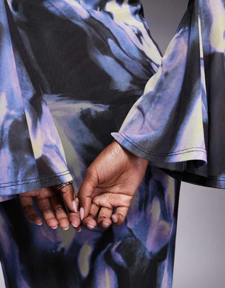 ASOS ASOS DESIGN low back floral mesh maxi dress with angel sleeves in blue abstract print 4