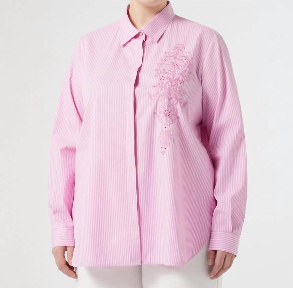 Marina Rinaldi Querce Stripe Embroidered Poplin Shirt In Pink Whi