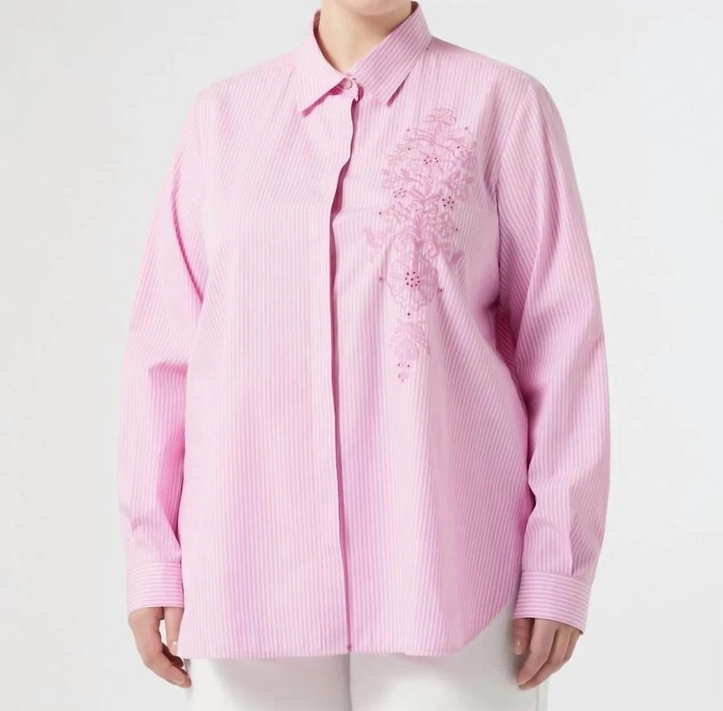 Marina Rinaldi Querce Stripe Embroidered Poplin Shirt In Pink Whi 1