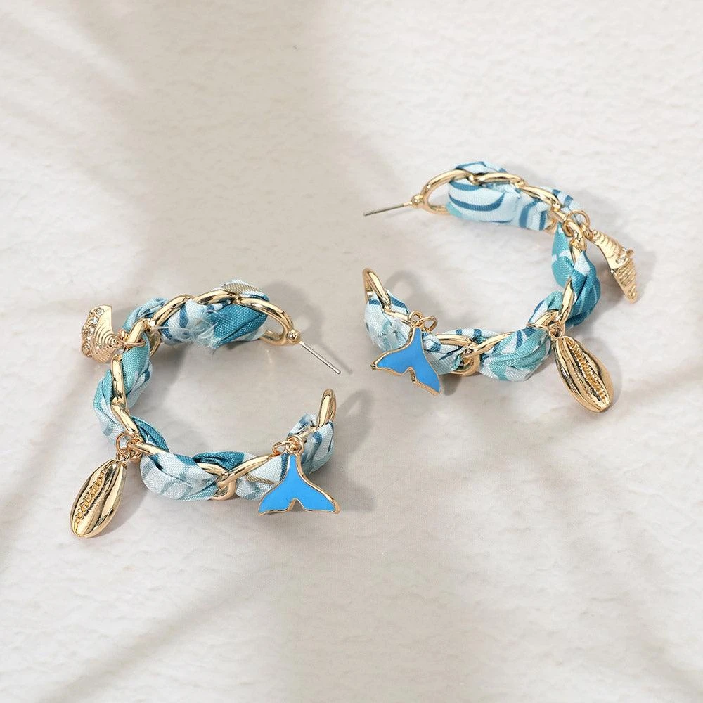 FASHNZFAB Shell Whale Tale Charm Fabric Scarf Hoop Earrings