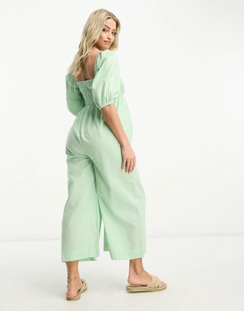 ASOS ASOS DESIGN Maternity linen look shirred puff sleeve jumpsuit in sage 2