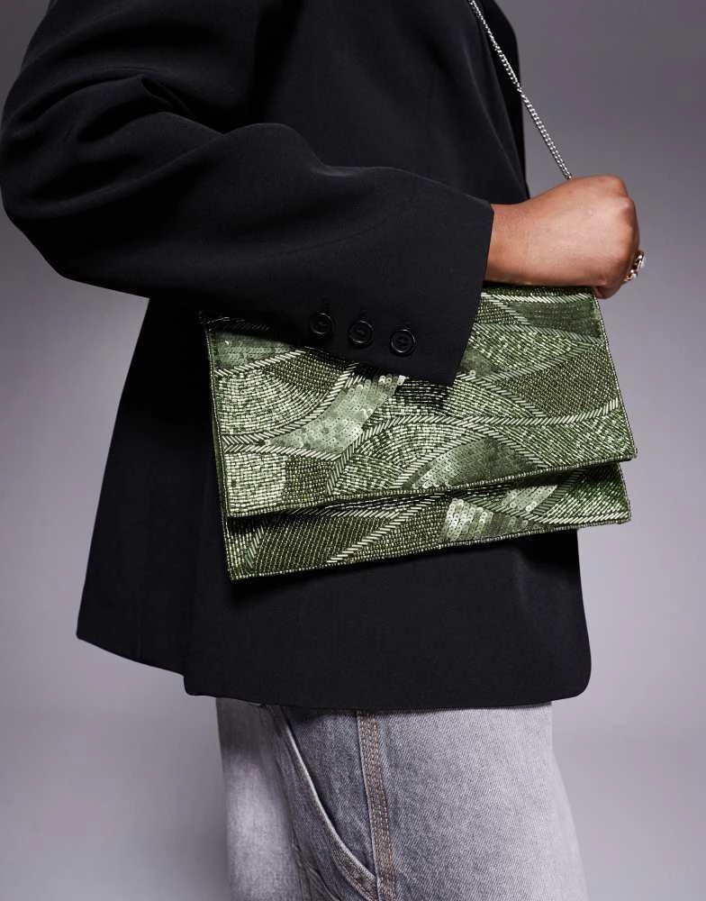 True Decadence True Decadence sequin pattern envelope clutch bag in green 4