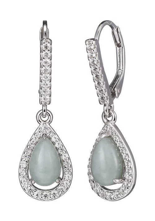 Dynasty Jade Genuine Jade and Created White Sapphire Pear Shape Leverback Earrings in Rhodium Plated Sterling Silver