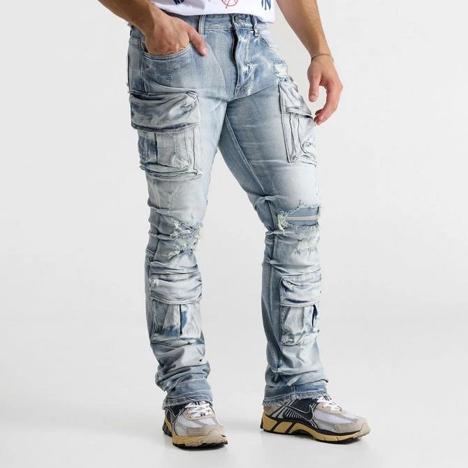Smoke Rise Men's Smoke Rise Distressed Stacked Flare Cargo Denim Jeans 3
