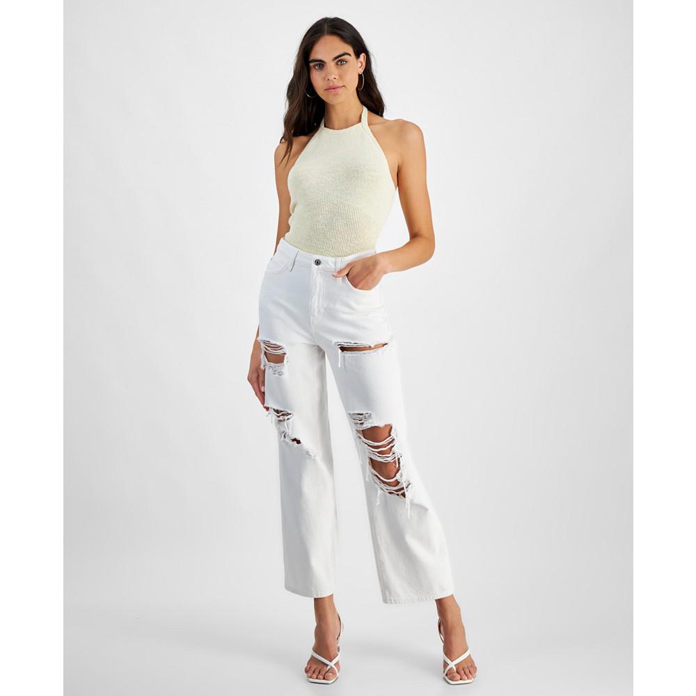 GUESS Women's 90S High Rise Distressed Straight Leg Jeans