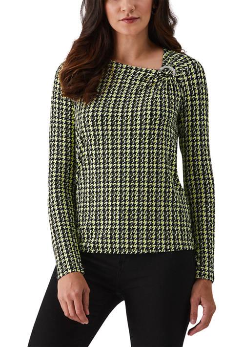 Rafaella Womens Houndstooth Print Asymmetric Neck Long Sleeve Top