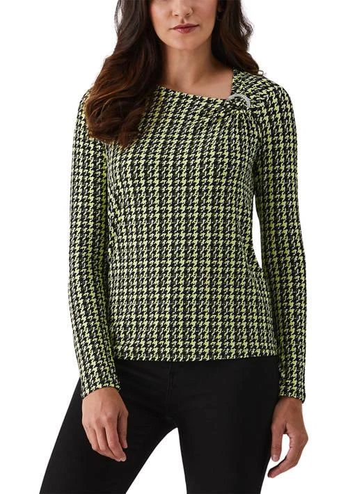 Rafaella Womens Houndstooth Print Asymmetric Neck Long Sleeve Top 1