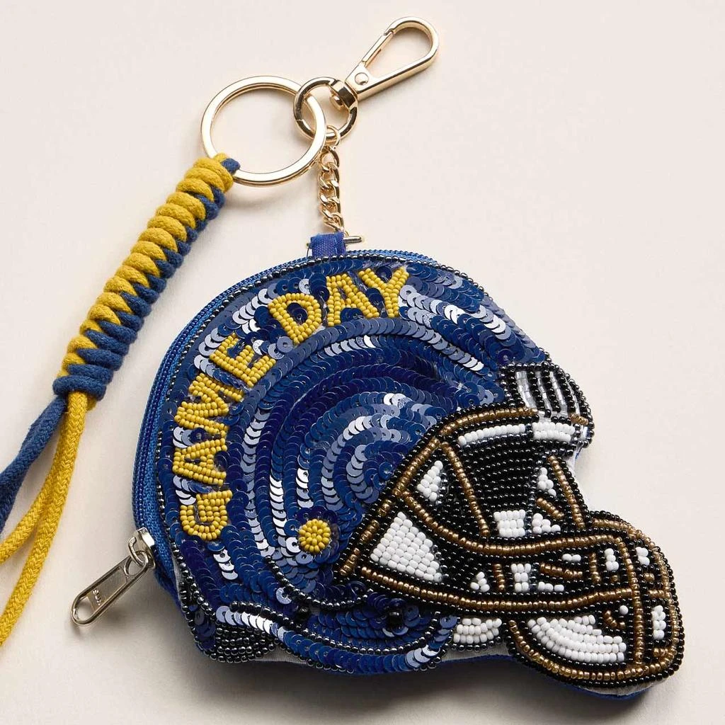 FASHNZFAB NOTRE DAME GAME DAY Football Helmet Sequin Seed Beaded Knot Keychain Mini Pouch Bag