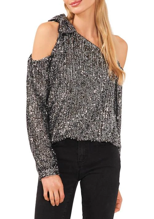 CeCe Womens Sequin One Shoulder Top 1