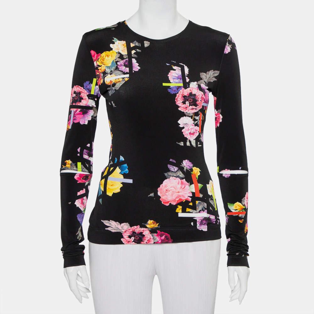 Preen By Thornton Bregazzi Preen by Thornton Bregazzi Black Floral Printed Jersey Cutout Sleeve Detail Top M